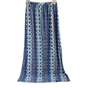 Just Be Ladies Maxi Boho Skirt, Size Large, Blue Multicolor, Geometrical Pattern